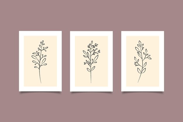 Conjunto de arte de línea de flores minimalistas impresas para decoración de paredes.