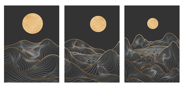 Conjunto de arte de línea de montaña dorada, paisajes de fondos estéticos contemporáneos de montaña abstracta. utilizar para imprimir arte, portada, fondo de invitación, tela. Ilustración vectorial