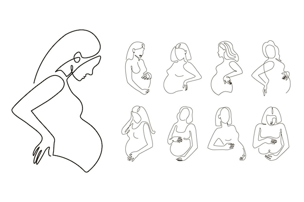 Conjunto de arte de línea de mujer embarazada. silueta de mujer. ilustración vectorial