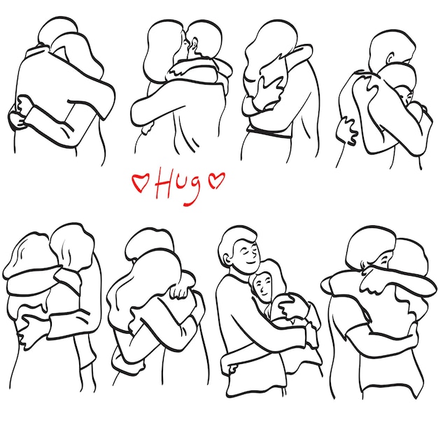 Vector conjunto de arte de línea de pareja romántica abrazando ilustración vector dibujado a mano aislado en blanco