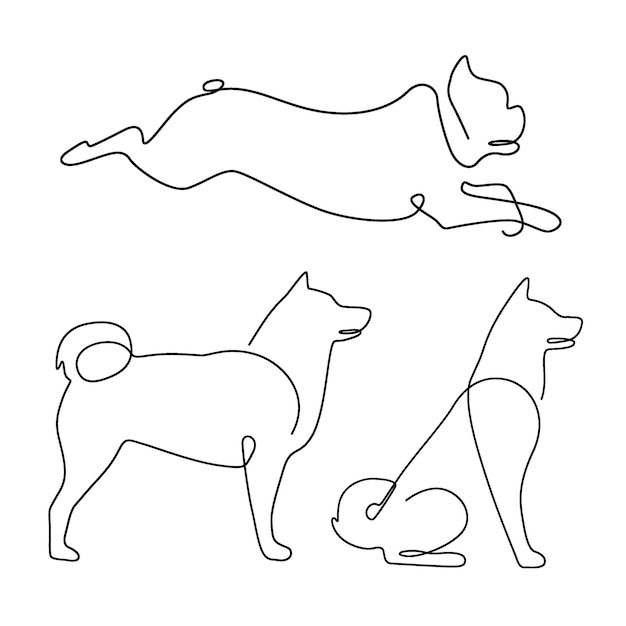 Conjunto de arte de línea de perro animal y cachorro dibujado a mano para diseño de logotipo