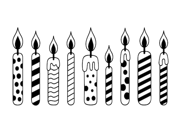 Conjunto de arte de línea simple de una vela de cumpleaños decorada