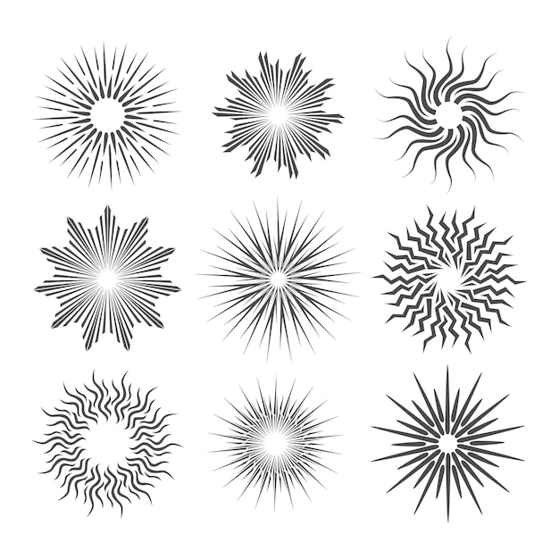 Conjunto de arte de línea de Sunburst Star fuegos artificiales explosión logo emblema etiqueta Web banner