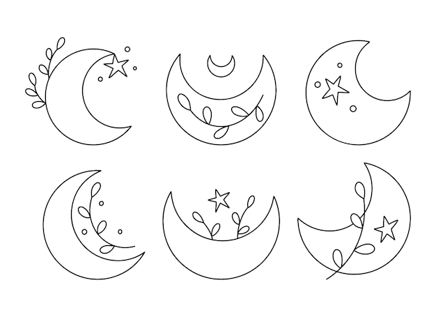 Vector conjunto de arte lineal de luna y plantas garabato de luna creciente