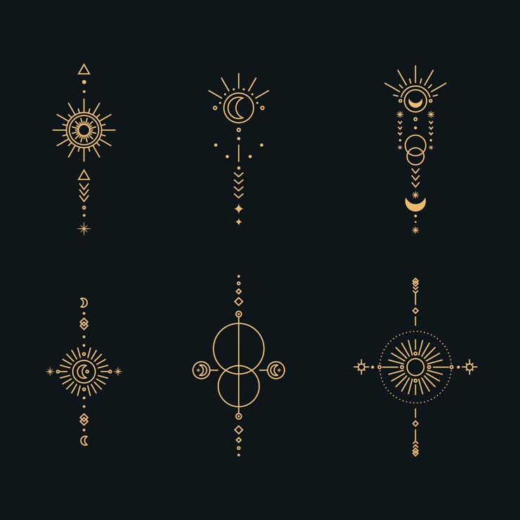 Vector conjunto de arte lineal de luna y sol símbolos lineales boho mínimos elemento místico celestial