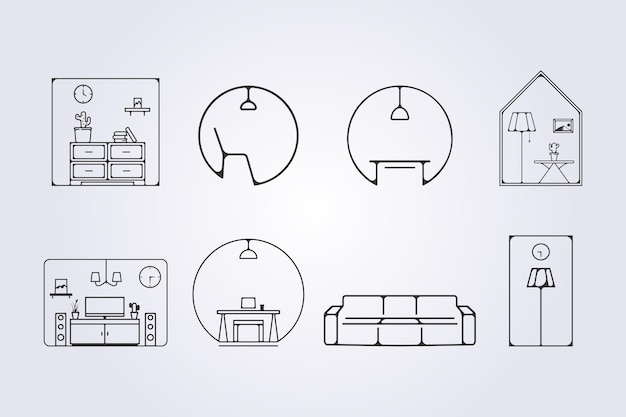 conjunto de arte de líneas mobiliario interior doméstico logotipo vectorial hogar interior icono símbolo diseño de ilustración