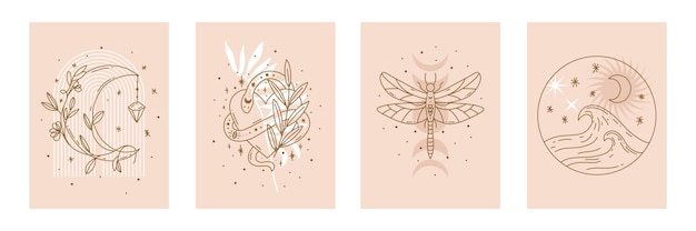 Conjunto de arte minimalista moderno de mediados de siglo con luna geométrica, corazón, serpiente, fases lunares, mar, polilla. Decoración de pared bohemia.