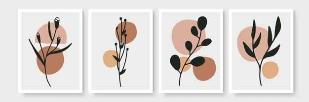 Conjunto de arte de pared botánico. Arte de pared minimalista y natural. Dibujo de arte de línea de follaje boho con forma abstracta. Ilustración moderna