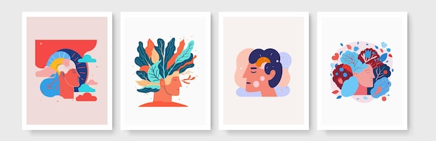 Conjunto de arte de pared de ilustraciones de salud mental de vector de dibujos animados planos