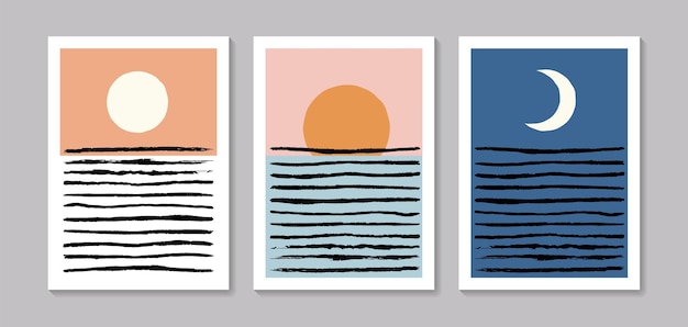 Conjunto de arte de pared de mar y sol Fondos de paisajes vectoriales con olas y sol