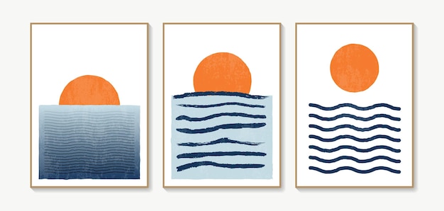 Conjunto de arte de pared de mar y sol Fondos de paisajes vectoriales con olas y sol