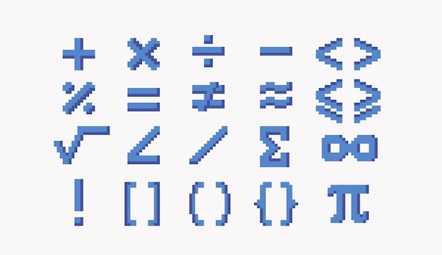 Vector conjunto de arte de píxeles aritméticos colección de símbolos de cálculo 8 bits