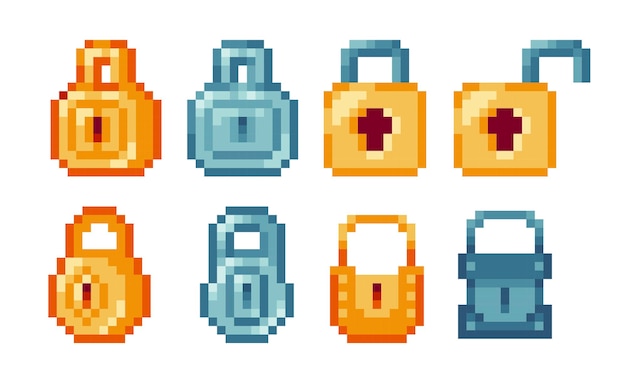 Conjunto de arte de píxeles de cerradura de puerta Cerradura segura hecha de oro y acero colección bloqueada y desbloqueada de 8 bits