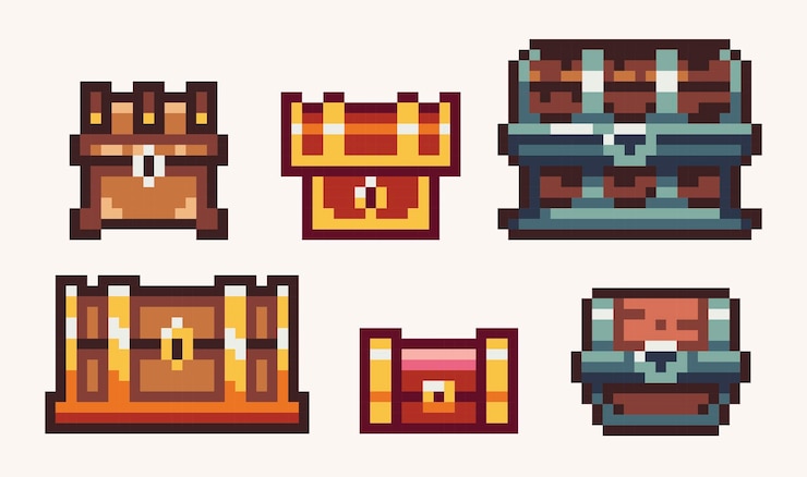 Vector conjunto de arte de píxeles de cofre de madera y dorado colección treasure box sprite de 8 bits