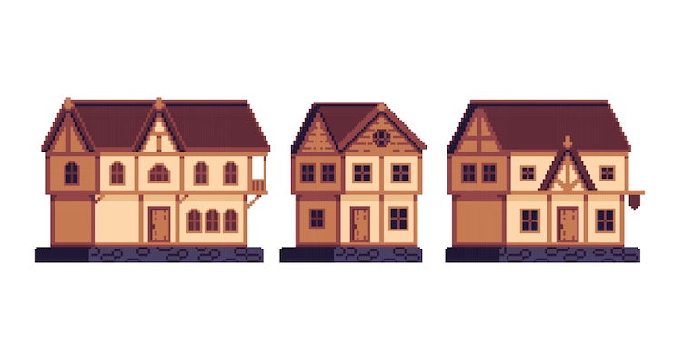 Vector conjunto de arte de píxeles de construcción medieval. colección de casas antiguas europeas. elemento urbano histórico.