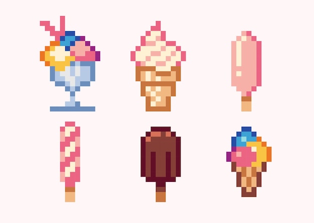 Conjunto de arte de píxeles de helado. Colección de dulces congelados. Helado, sorbete, sundae. Sprite de 8 bits.