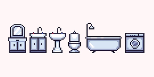Conjunto de arte de píxeles interiores de baño. Lavabo, bañera y WC, recogida de enseres domésticos. Sprite de 8 bits.