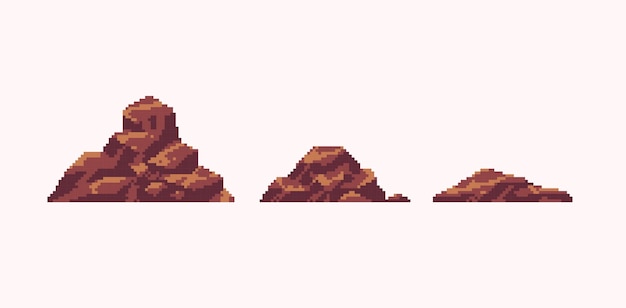 Conjunto de arte de píxeles de tierras baldías de montaña. Colección de la colina del desierto. Piedra y roca. Elemento de la naturaleza del paisaje.