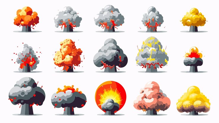 Vector conjunto de arte de píxeles vectorial de dibujos animados nucleares para efectos explosivos