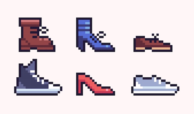 Conjunto de arte de píxeles de zapatos diferentes. calzado masculino, femenino, colección de botas. sprite de 8 bits.