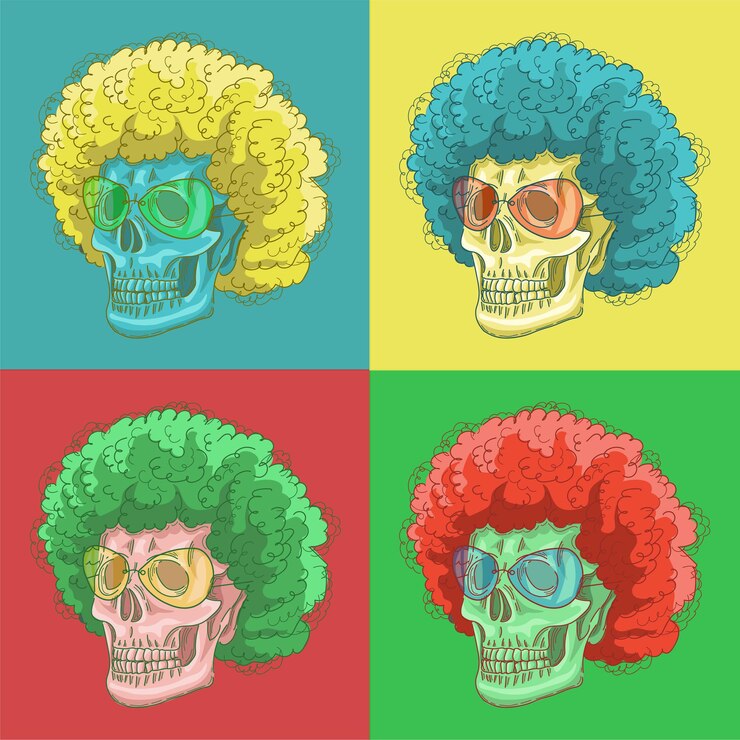 Vector conjunto de arte pop de cuatro calaveras rojas, amarillas, azules y verdes