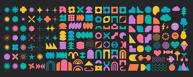 El conjunto de arte de símbolos planos brutales modernos es vintage, la silueta de Memphis es de moda, la forma de la ilustración es abstracta.