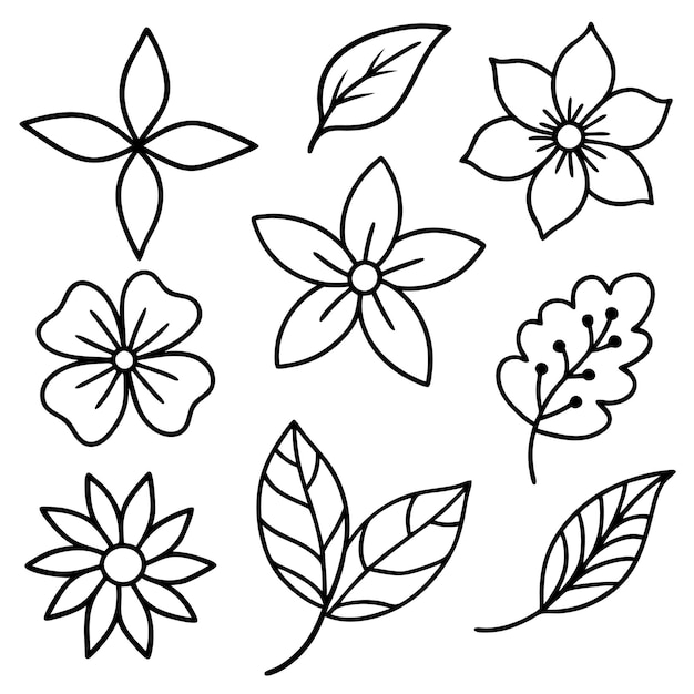 Un conjunto de arte vectorial de contorno de ramas de hojas florales dibujadas a mano