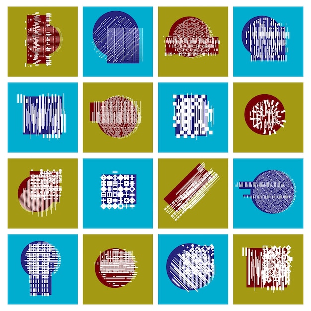 Conjunto de artes gráficas abstractas, colección de ilustraciones geométricas vectoriales.