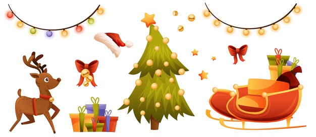 Conjunto de artículos y adornos navideños. Guirnaldas, luces, árbol de Navidad, regalos, trineo, venado, lazo