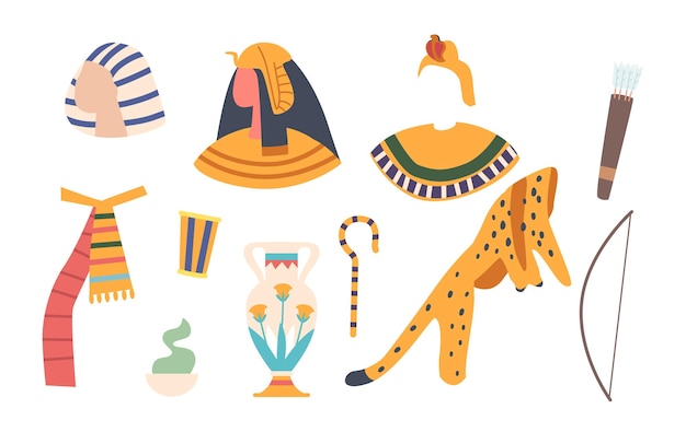 Conjunto de artículos del antiguo Egipto Peluca de faraón y bastón Joyas doradas Cabeza femenina con corona dorada Piel de leopardo