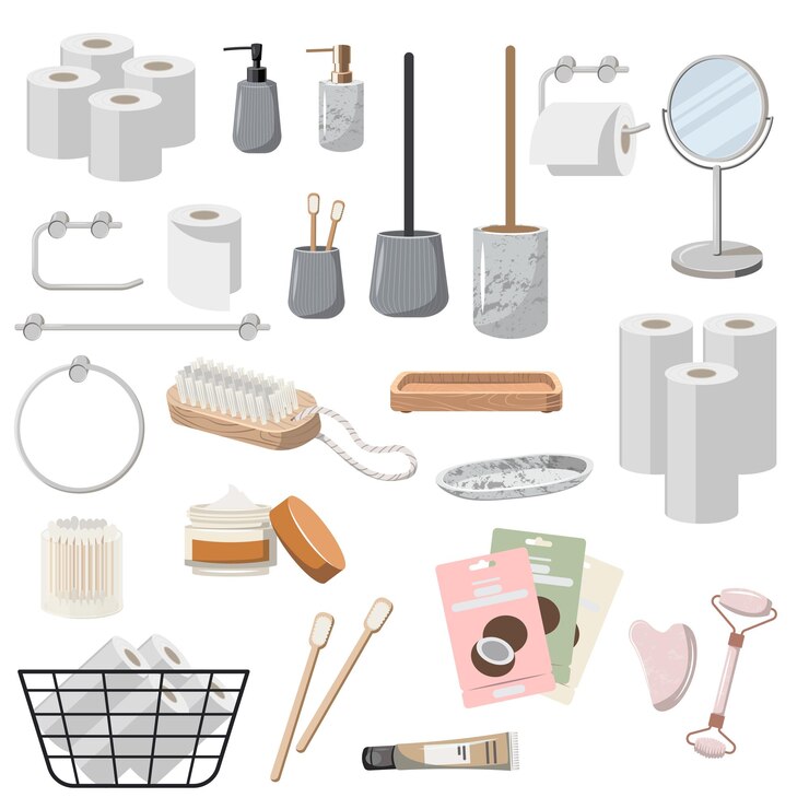 Conjunto de artículos de baño para el hogar artículos de baño en macetas plantas de habitación botellas cosméticas toallas canasta de ropa decoración de túnica de baño para interiores modernos ilustraciones vectoriales planas aisladas sobre fondo blanco