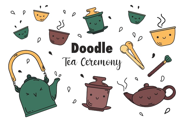 Conjunto de artículos para beber té oriental tradicional estilo doodle