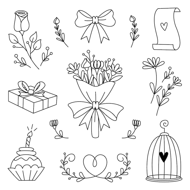Vector conjunto de artículos de bodas de colección de elementos dibujados a mano