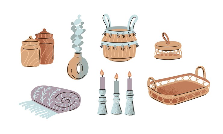 Vector un conjunto de artículos de decoración para el hogar, cesta de mimbre, candelabro, jarrón con tarros de eucalipto a cuadros