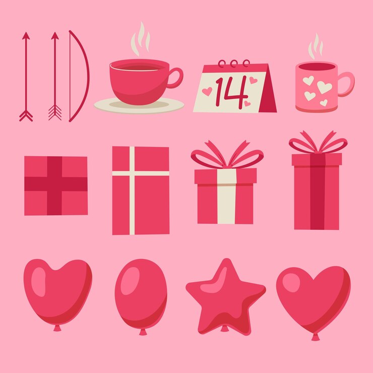 Conjunto de artículos para el día de San Valentín en estilo de diseño plano de dibujos animados