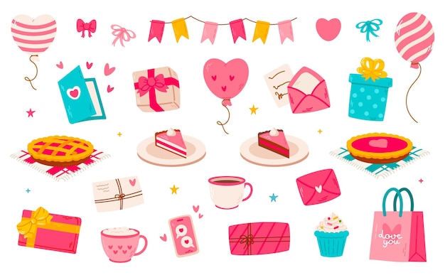 Conjunto de artículos para el día de San Valentín Ilustración vectorial en estilo plano aislada sobre fondo blanco