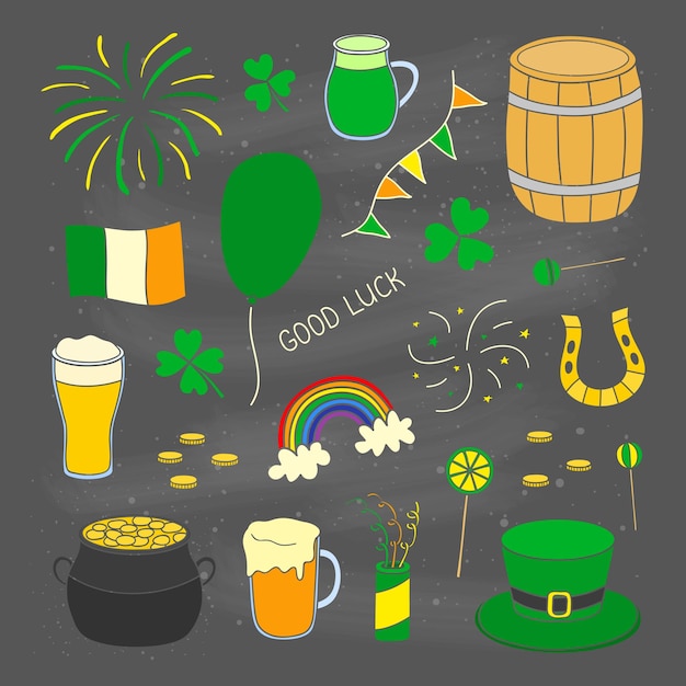 Conjunto de artículos dibujados a mano para el día de San Patricio
