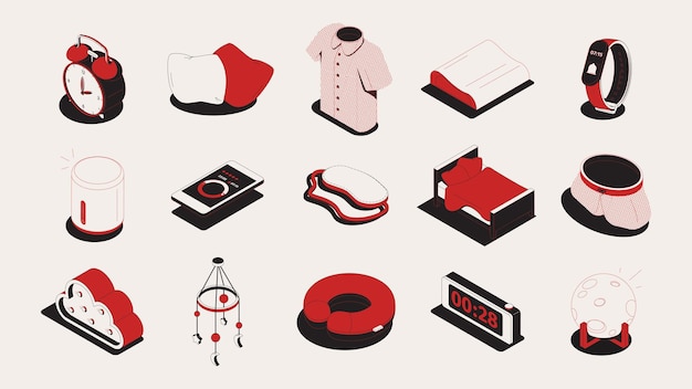 Conjunto de artículos para dormir de iconos isométricos e imágenes aisladas de relojes de alarma de ropa suave y aparatos ilustración vectorial