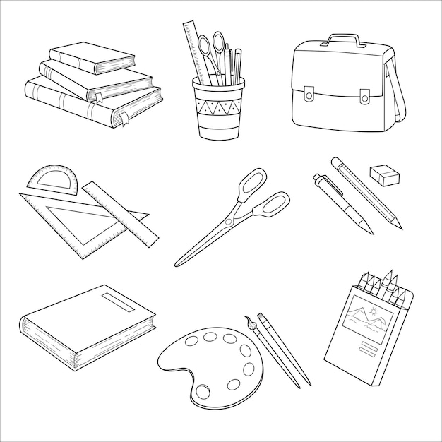 Conjunto de artículos escolares aislados sobre fondo blanco dibujo de contorno vectorizado dibujado a mano