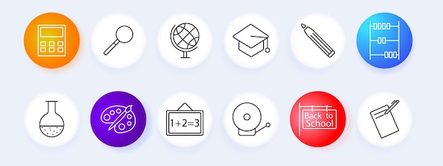 El conjunto de artículos escolares icono calculadora lupa globo graduation cap lápiz ábaco tubo de ensayo porcentaje math board escuela campana de regreso a la escuela cuaderno concepto de educación