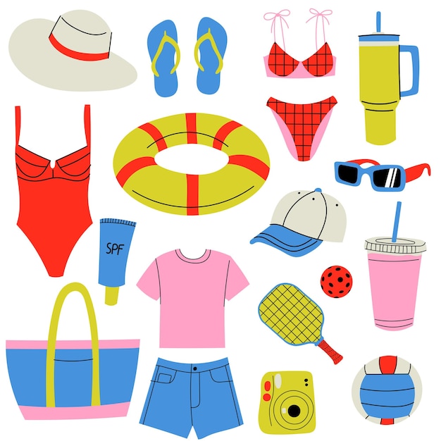Conjunto de artículos esenciales para la playa, incluidos trajes de baño, gafas de sol, zapatillas, sombreros y bebidas.
