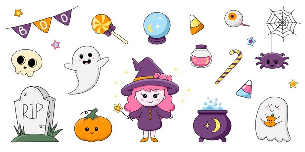 Un conjunto de artículos para una feliz fiesta de Halloween Kawaii Elements