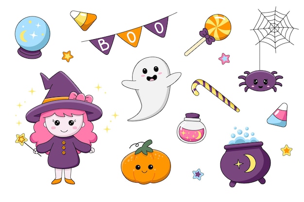 Un conjunto de artículos para una feliz fiesta de Halloween Kawaii Elements