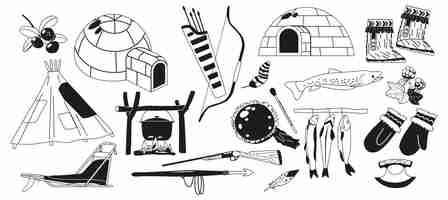 Vector conjunto de artículos inuit y herramientas tradicionales guantes de iglú en blanco y negro mukluks ulu y arpón trineo pandereta caldero y arco de pescado flechas plumas y bayas ilustración de vectores de dibujos animados