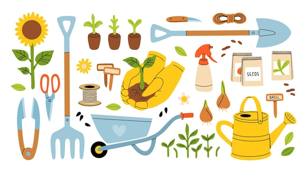 Vector conjunto de artículos de jardinería dibujados a mano al estilo de dibujos animados varias herramientas agrícolas y de jardín para la primavera