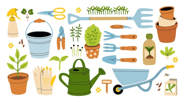 Conjunto de artículos de jardinería dibujados a mano al estilo de dibujos animados Varias herramientas agrícolas de jardín para el trabajo de primavera