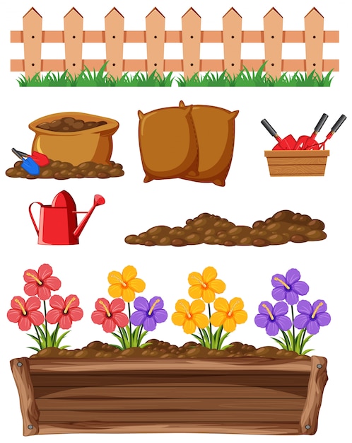 Vector conjunto de artículos de jardinería sobre fondo blanco.