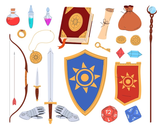 Un conjunto de artículos de juego de RPG Equipo de fantasía de caballeros magos arqueros Un fabuloso mundo medieval