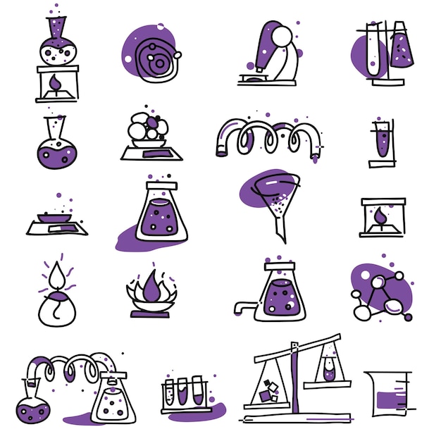 Conjunto de artículos de laboratorio químico en estilo doodle blanco violeta y negro