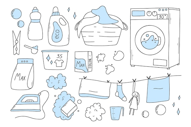 Conjunto de artículos de lavandería en estilo doodle Colección lineal de artículos de ropa de fondo